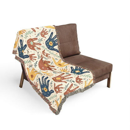 Couverture tissée à motif d'empreintes de mains — Jeté bohème tribal pour salon, chambre d'enfant ou cadeau