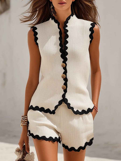 Ensemble deux pièces pour femme à bordures en dentelle – Haut et short color block, tenue d'été