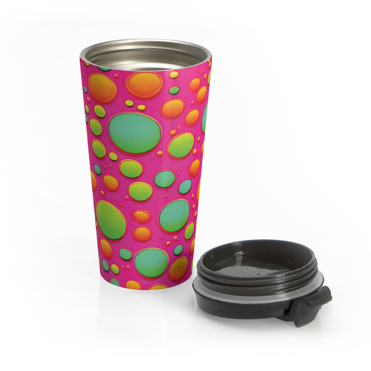 Mug de voyage à motif bulles colorées — Gobelet isotherme rose vif néon