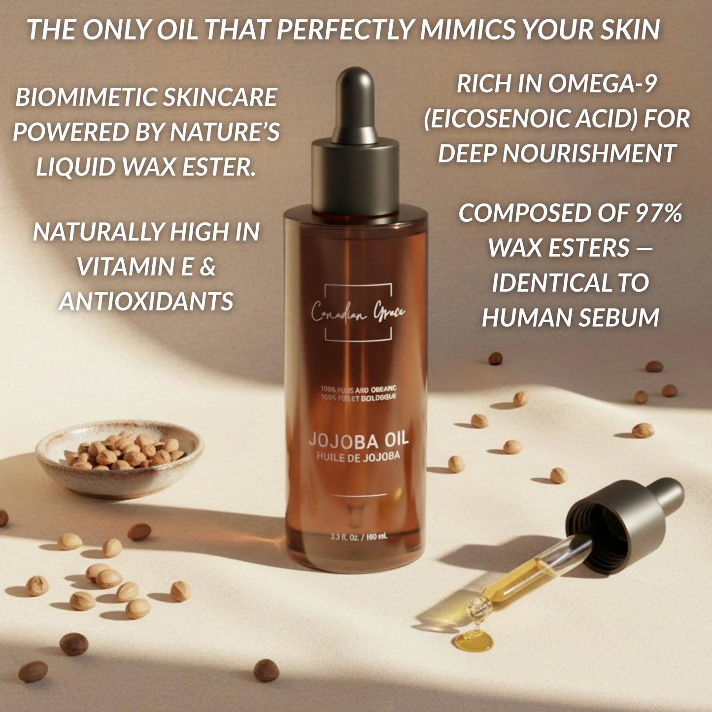 Huile de Jojoba 100 % Biologique Canadian Grace – Pour Peaux Sensibles, Réactives et Sujettes à l'Acné + Cuir Chevelu Sec ou Gras