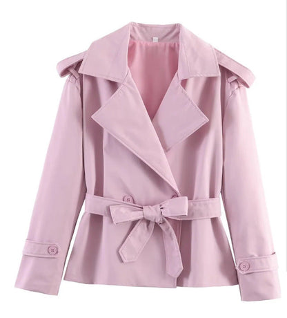 Trench court ceinturé uni pour femme – Veste courte style européen avec nouage à la taille