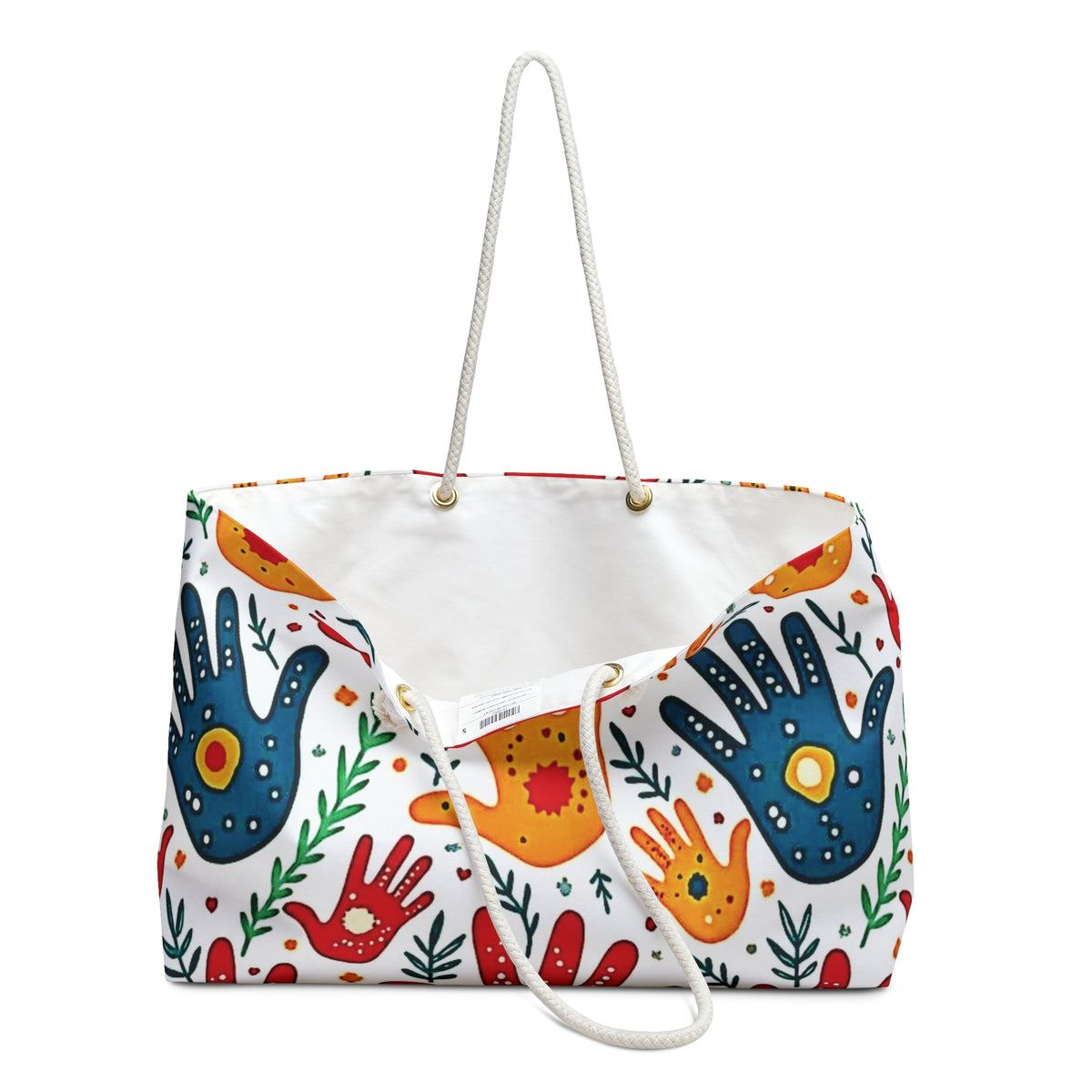 Sac de voyage bohème avec empreintes de mains colorées et imprimé palmiers
