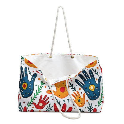 Sac de voyage bohème avec empreintes de mains colorées et imprimé palmiers