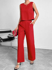 Women's Sleeveless Round Neck Crop Top & Wide Leg Pants Two-Piece Set – Casual Solid Color Office Wear Outfit