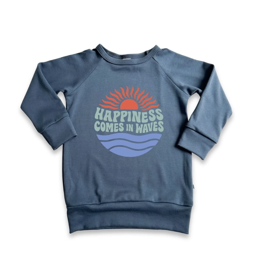 Youth Bamboo Graphic Raglan Pullover | "Happiness Comes In Waves" on Navy