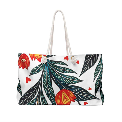 Sac de voyage motif tulipe rouge | Feuilles botaniques et cœurs | Grand cabas pour mamans et voyages