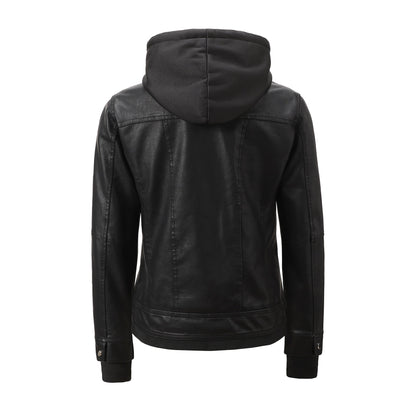 Women’s Faux Leather Biker Jacket with Detachable Hood – Slim-Fit Waist-Cinching Motorcycle Coat