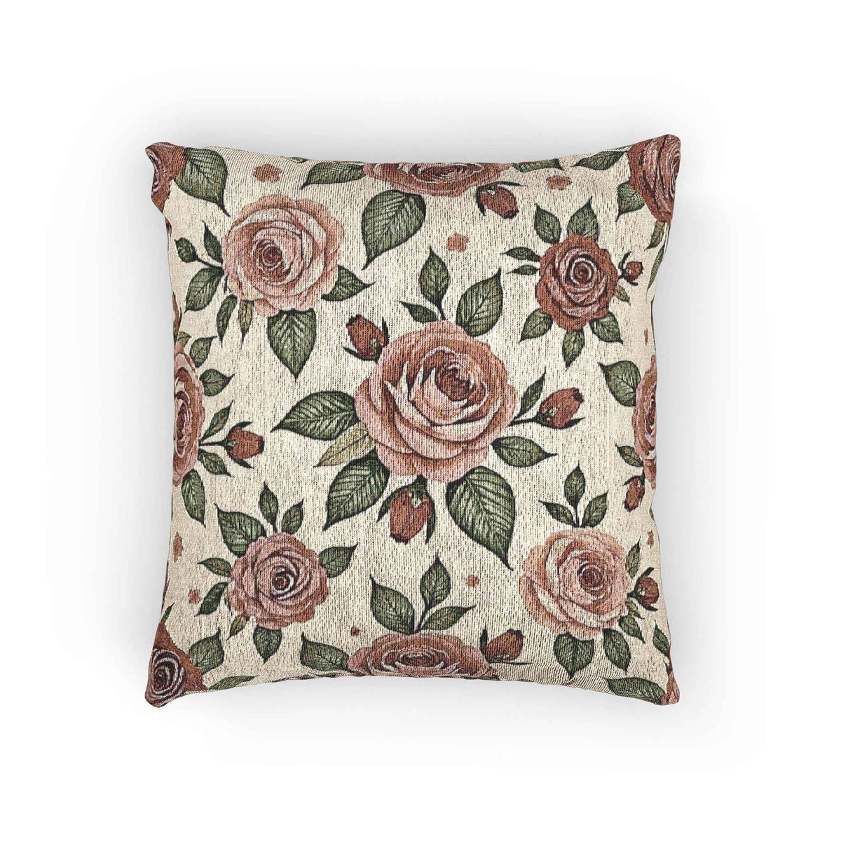Coussin tissé motif rose vintage | Coussin décoratif tapisserie rose