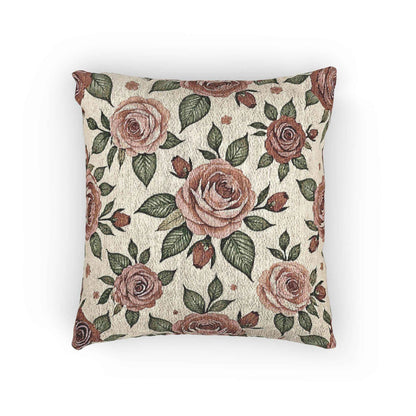 Coussin tissé motif rose vintage | Coussin décoratif tapisserie rose
