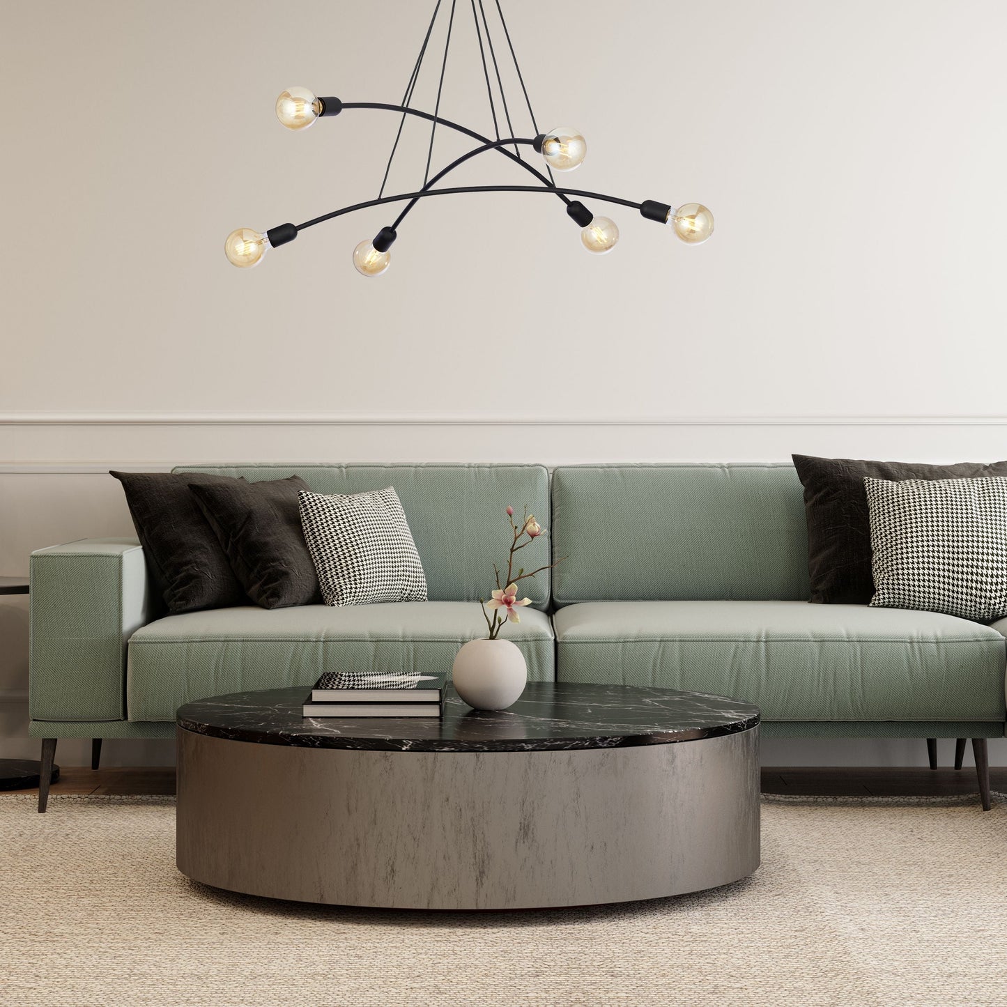 Suspension HELIX noire minimaliste à 6 lumières pour salle à manger et espaces ouverts (Liquidation)