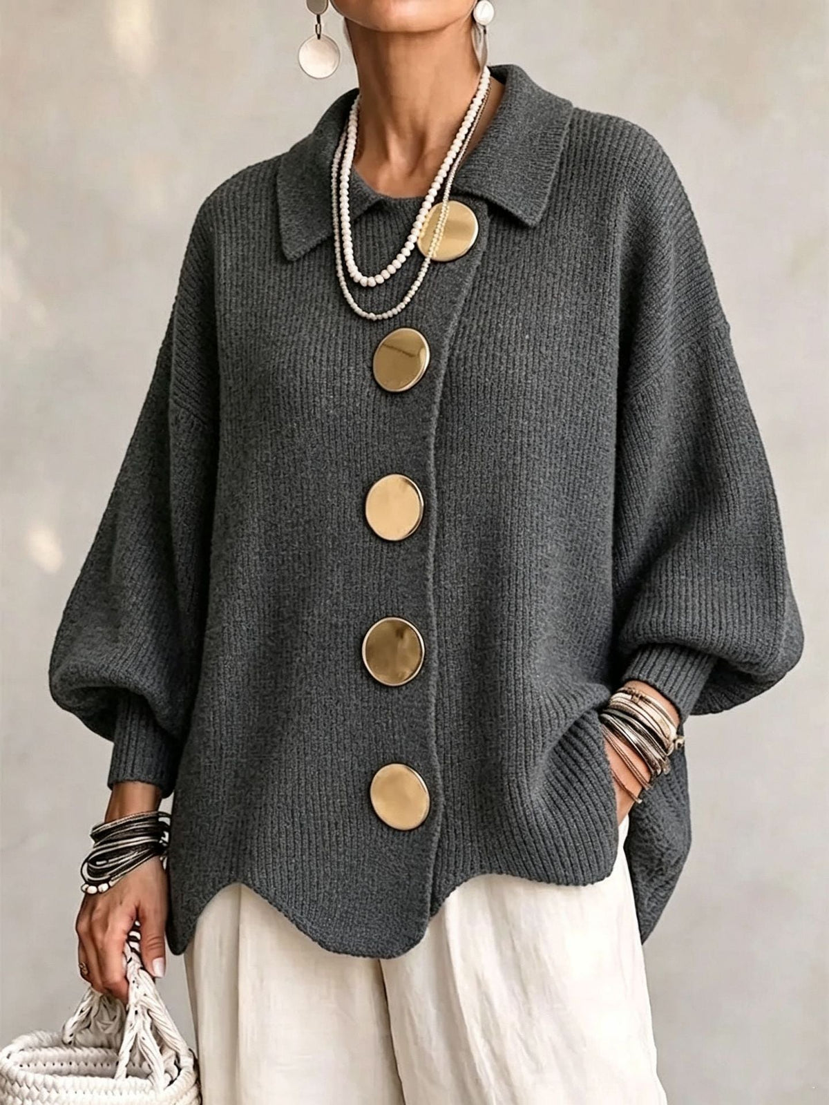 Gilet en maille boutonné pour femme – Pull automne-hiver ample à manches longues et col à revers