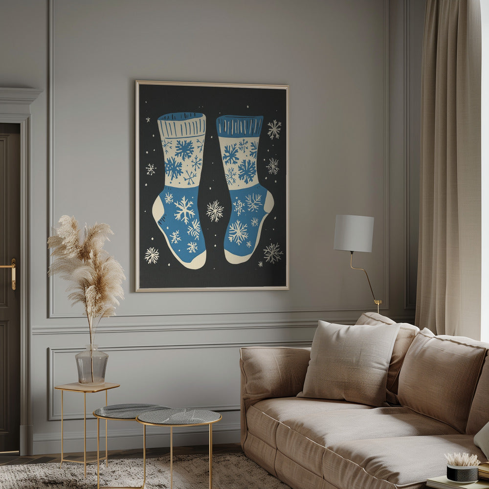 Décoration murale Chaussettes vintage en tricot bleu sur fond noir - Impression sur toile