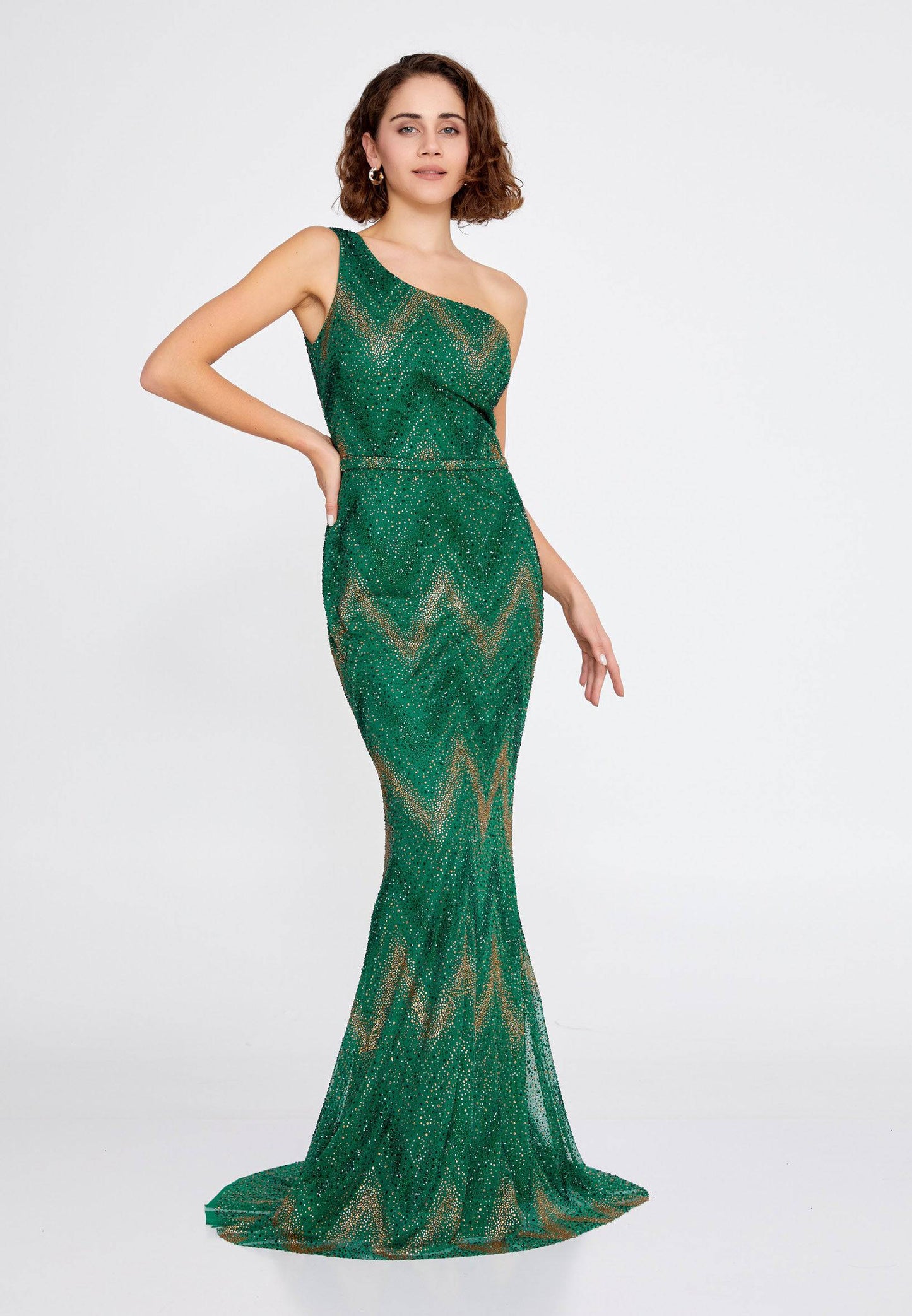 Robe de soirée longue sirène en tulle à perles et à une épaule - Vert émeraude