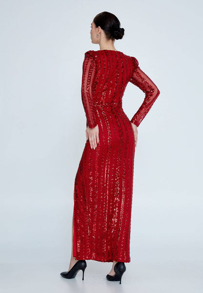 Robe mi-longue à sequins et manches longues - Rouge