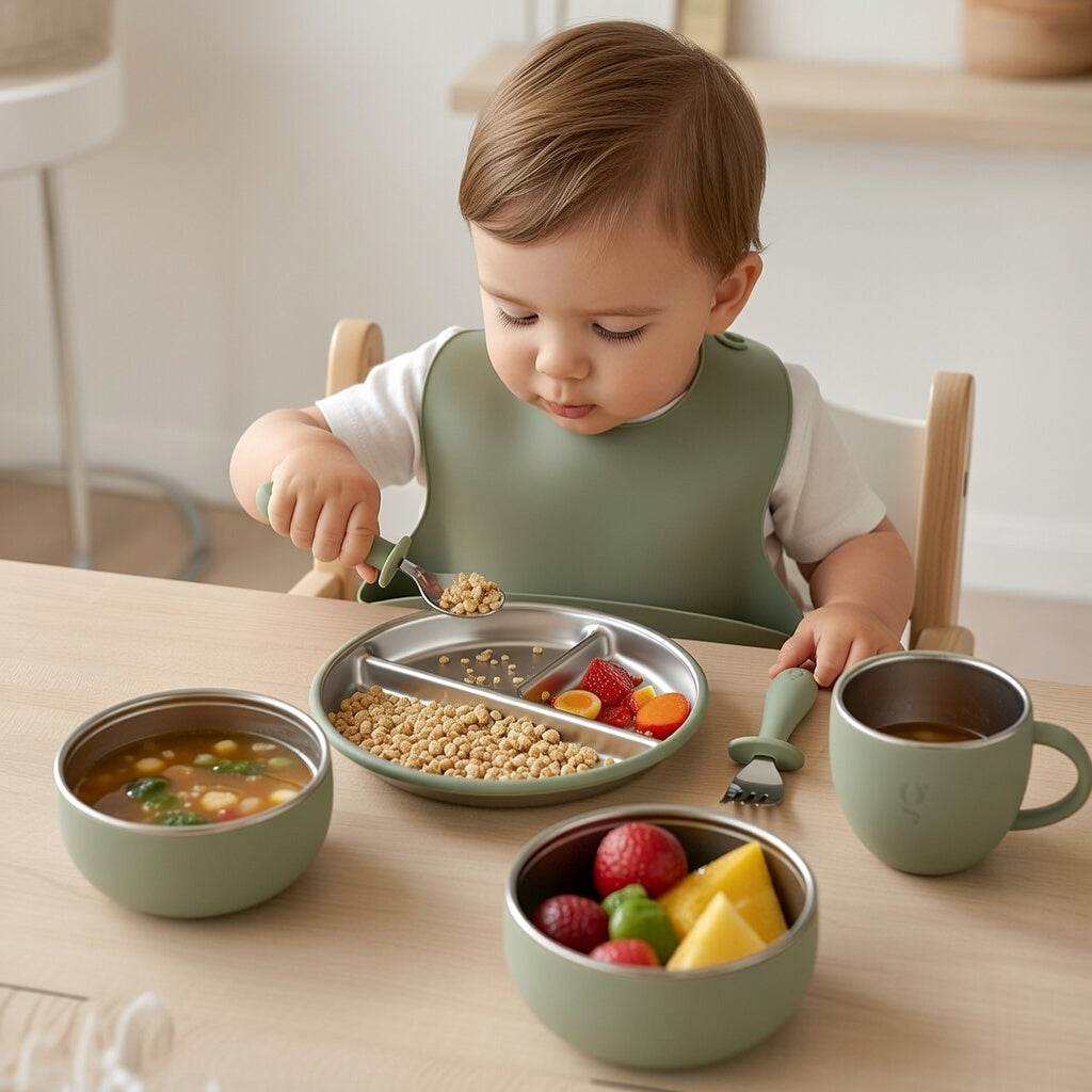 Service de vaisselle 7 pièces haut de gamme en silicone et acier inoxydable pour enfants | Ensemble repas