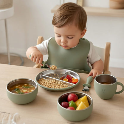 Service de vaisselle 7 pièces haut de gamme en silicone et acier inoxydable pour enfants | Ensemble repas