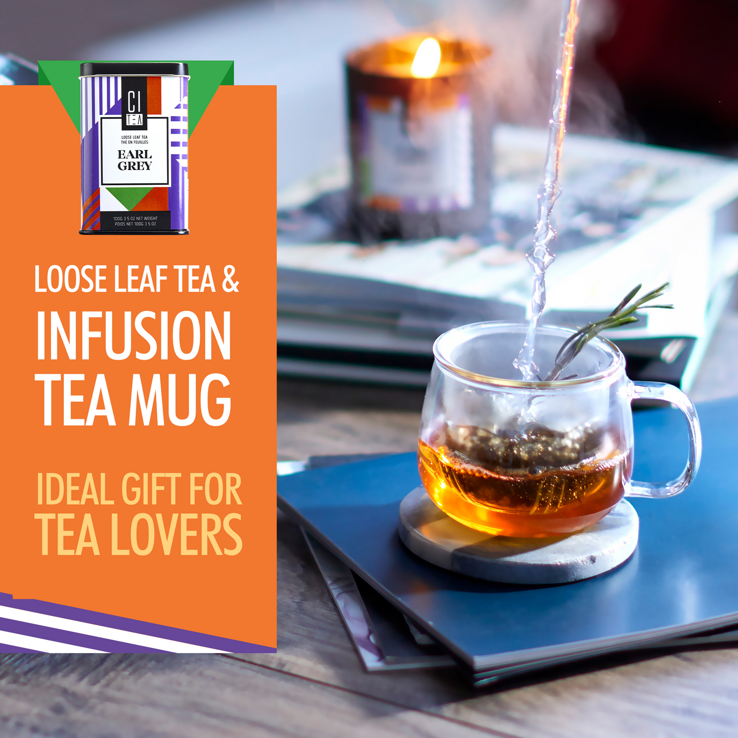 Coffret cadeau théière avec thé en vrac Earl Grey et infuseur