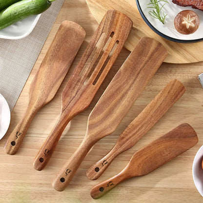 Ensemble de 5 spatules en bois d'acacia, ustensiles de cuisine en bois