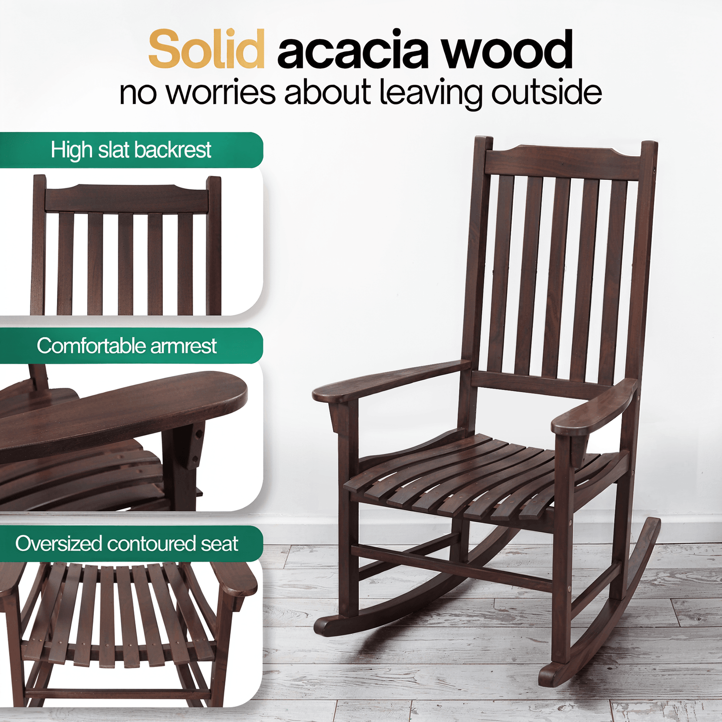 Chaise à bascule en bois Tranquillo Oasis pour patio, porche ou intérieur
