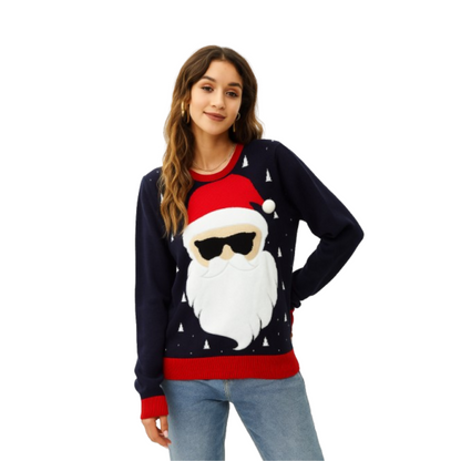 Pull père Noël malin avec lunettes de soleil et pompon
