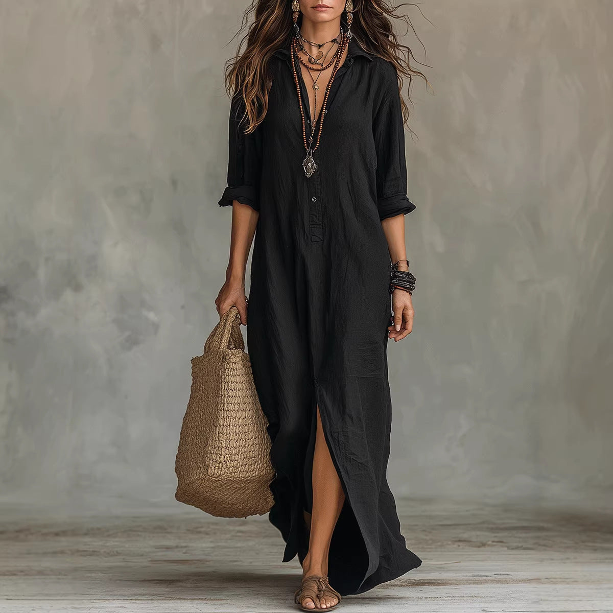 Robe longue à manches longues, décontractée, de couleur unie, col revers, fente latérale, robes de plage, vêtements pour femmes