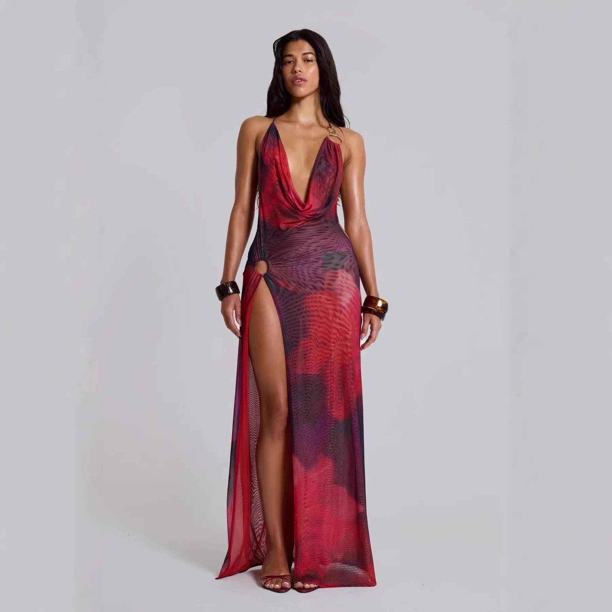 Robe dos nu à imprimé style français avec décolleté plongeant et taille cintrée