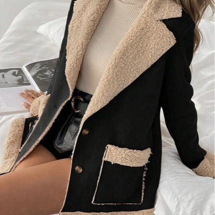 Manteau en suédine et velours côtelé doublé en laine d'agneau pour femme – Veste d'hiver chaude à manches longues