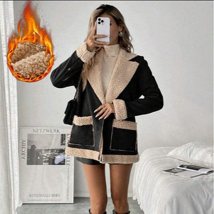 Manteau en suédine et velours côtelé doublé en laine d'agneau pour femme – Veste d'hiver chaude à manches longues