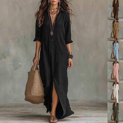Robe longue à manches longues, décontractée, de couleur unie, col revers, fente latérale, robes de plage, vêtements pour femmes