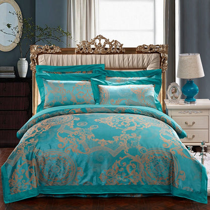Parure de lit 4 pièces en jacquard de coton – Housse de couette et ensemble de draps à broderies florales pour mariage