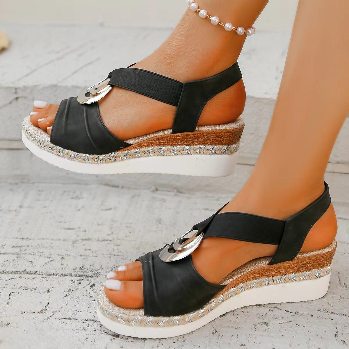 Sandales compensées à bout ouvert avec fond léger en corde de chanvre décorative à boucle métallique pour femmes fortes