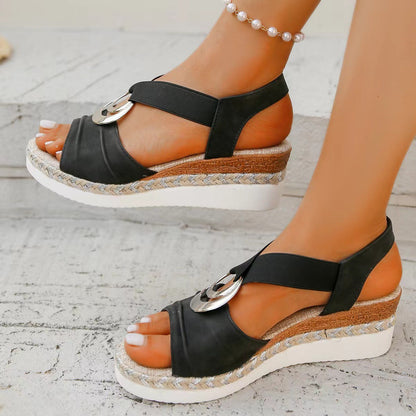 Sandales compensées à bout ouvert avec fond léger en corde de chanvre décorative à boucle métallique pour femmes fortes