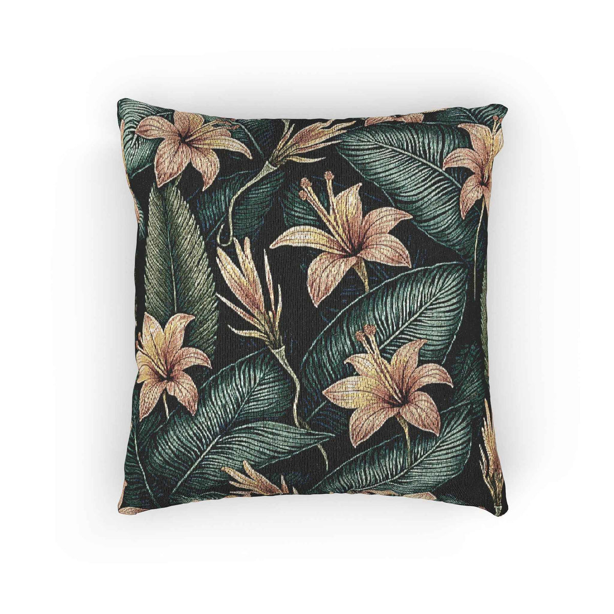 Oreiller tissé à motif lys tropical | Coussin décoratif floral botanique