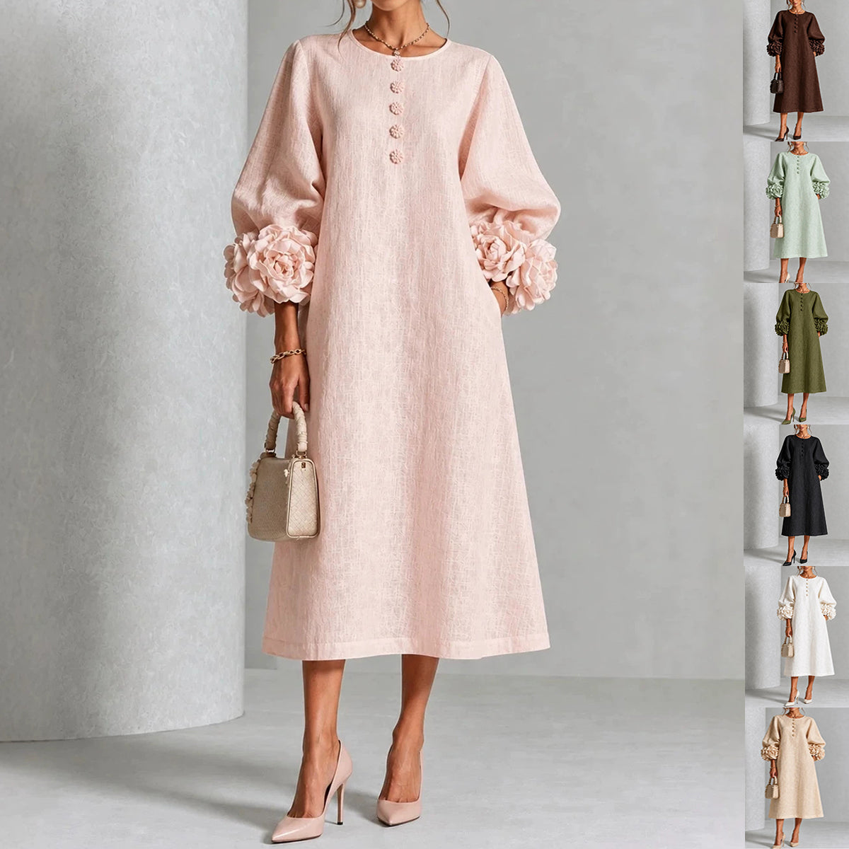Robe trapèze à fleurs 3D pour femme – Robe de soirée et de mariage style français à manches bouffantes