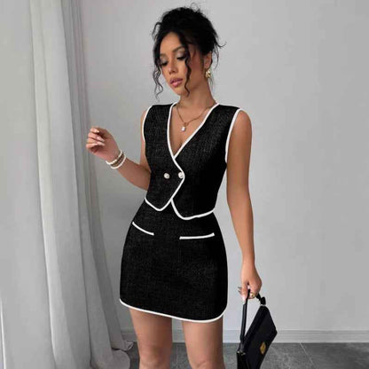 Ensemble haut sans manches irrégulier et jupe trapèze color-block pour femme – Tenue décontractée deux pièces