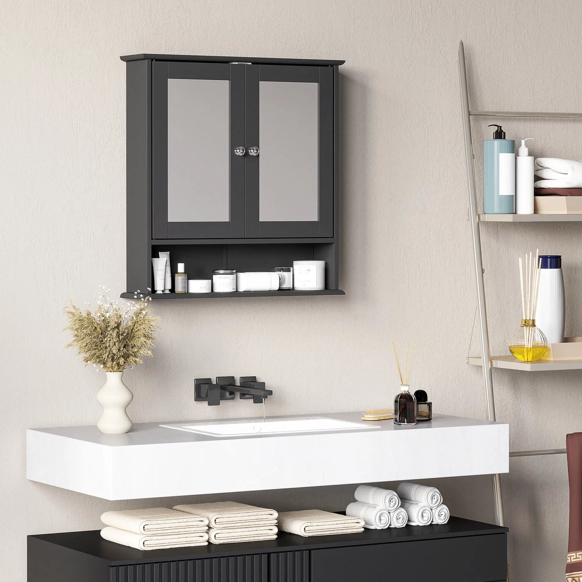 Black Bathroom Medicine Cabinet with Mirror – Wall-Mounted Double-Door Storage Cabinet (United States & Canada Delivery Only)