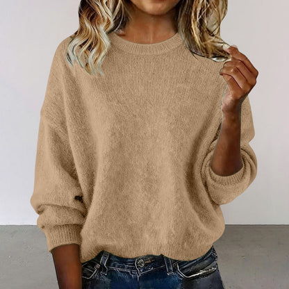 Nouveauté pull ras du cou femme couleur unie – Tricot décontracté ample pour l'automne