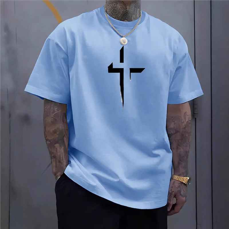 Haut décontracté à manches courtes pour homme, style streetwear, coupe ample, imprimé croix, design créatif
