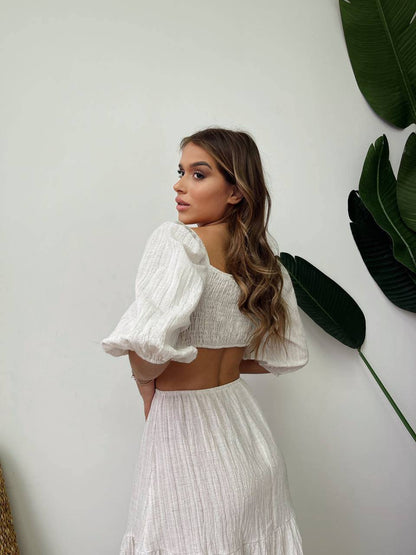 Robe midi en coton ajourée à manches ballon courtes