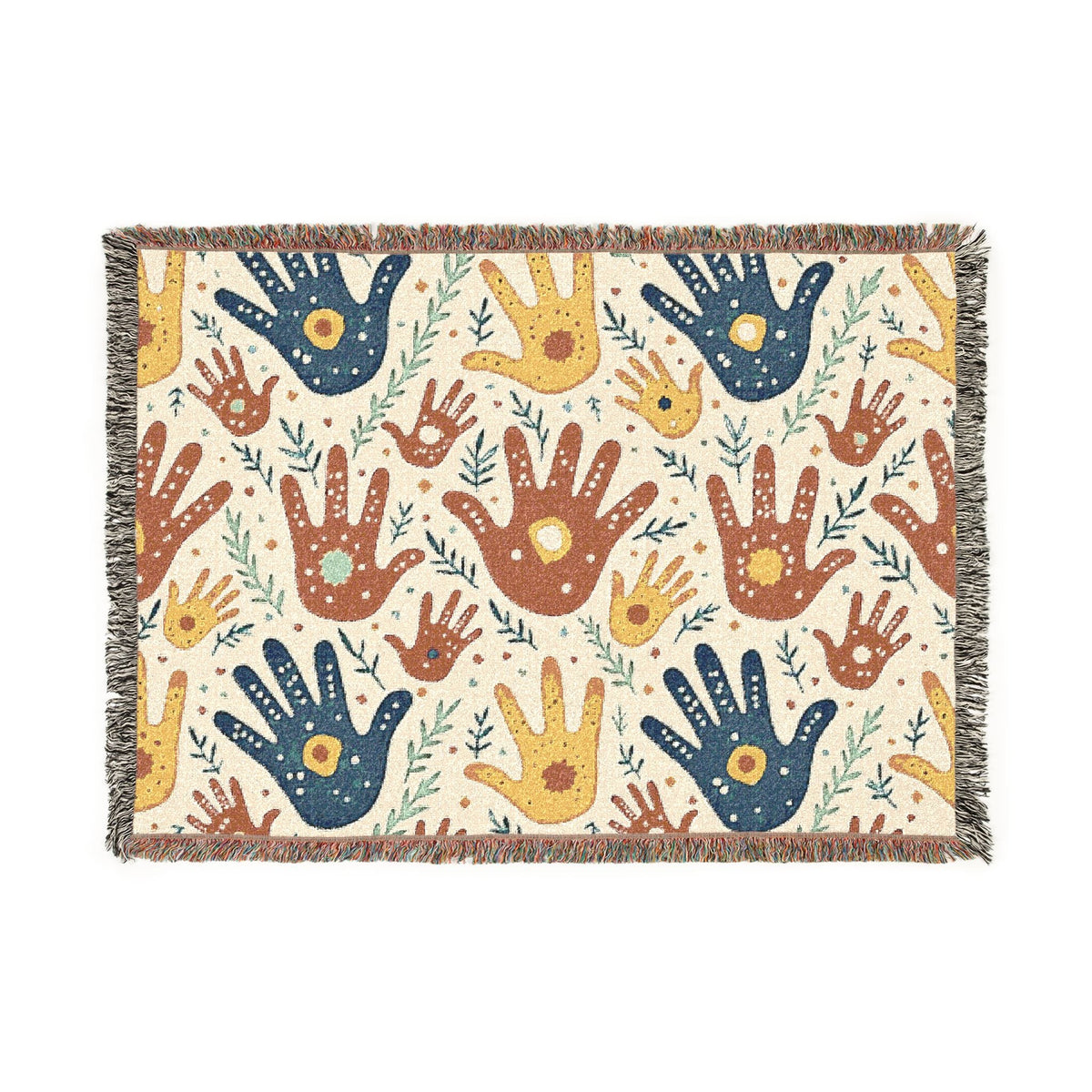 Couverture tissée à motif d'empreintes de mains — Jeté bohème tribal pour salon, chambre d'enfant ou cadeau