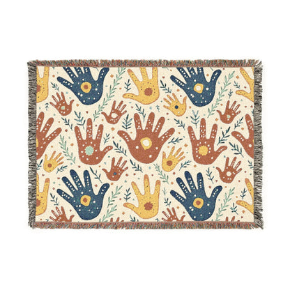 Couverture tissée à motif d'empreintes de mains — Jeté bohème tribal pour salon, chambre d'enfant ou cadeau