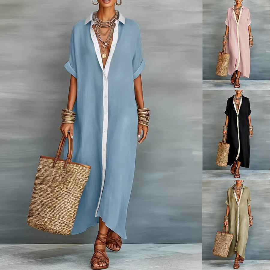 Robe chemisier d'été à manches courtes pour femme – Robe longue à col à revers et boutonnage à l'avant