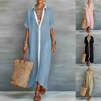 Robe chemisier d'été à manches courtes pour femme – Robe longue à col à revers et boutonnage à l'avant