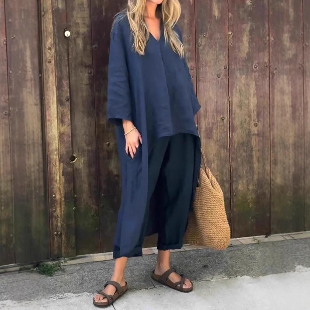 2pcs Long-sleeved Suits Loose V-neck Long Top And High Waist Wide Leg Pants With Pockets Women's Clothing