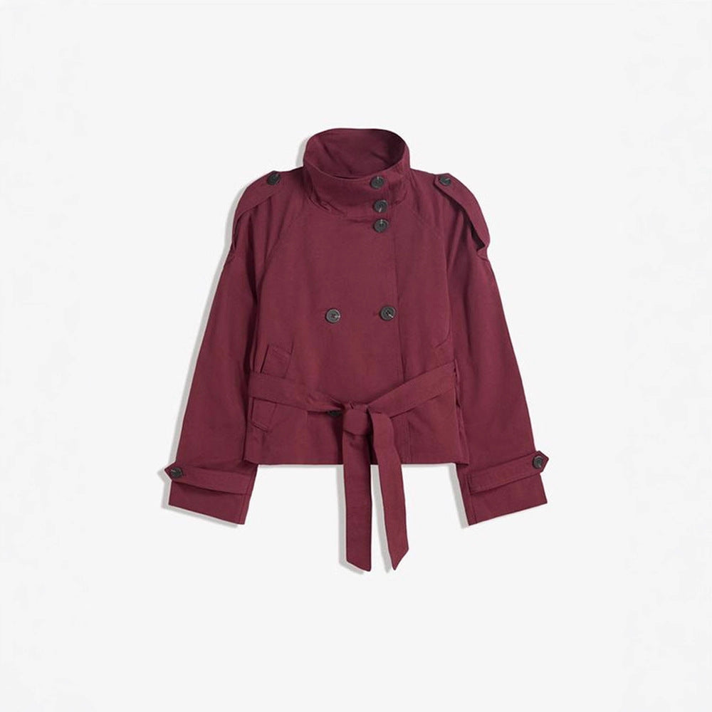 Trench-coat rétro à double boutonnage pour femme – Veste courte à manches longues, col à revers et fermeture à nouer