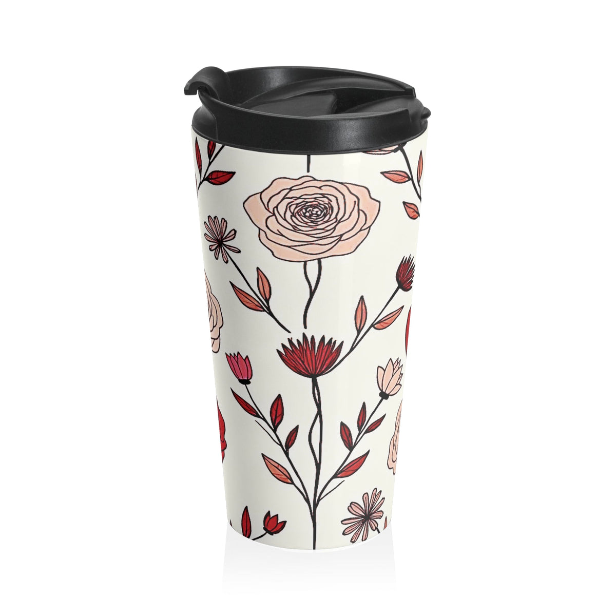 Mug de voyage en acier inoxydable avec motif floral cœur rouge dessiné à la main | Motif Saint-Valentin