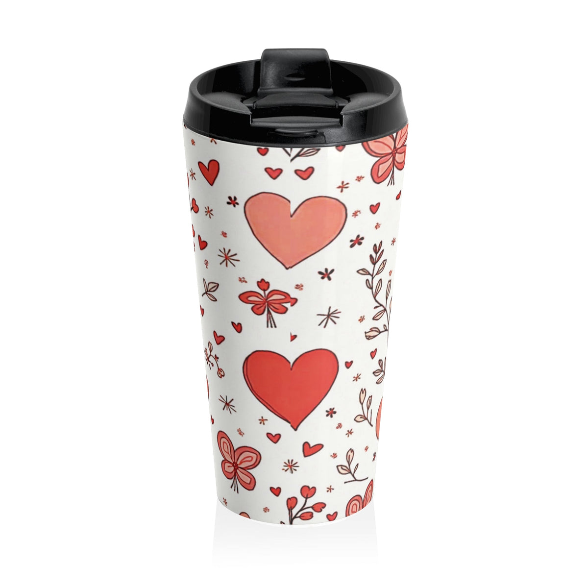 Mug de voyage cœurs dessinés à la main | Papillon et fleurs Saint-Valentin en acier inoxydable