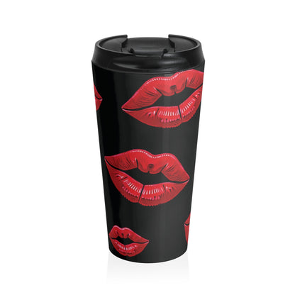Mug de voyage à motif Baiser de rouge à lèvres rouge | Acier inoxydable noir