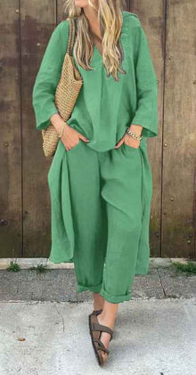 Ensemble 2 pièces à manches longues, haut ample à col en V et pantalon large taille haute avec poches pour femme
