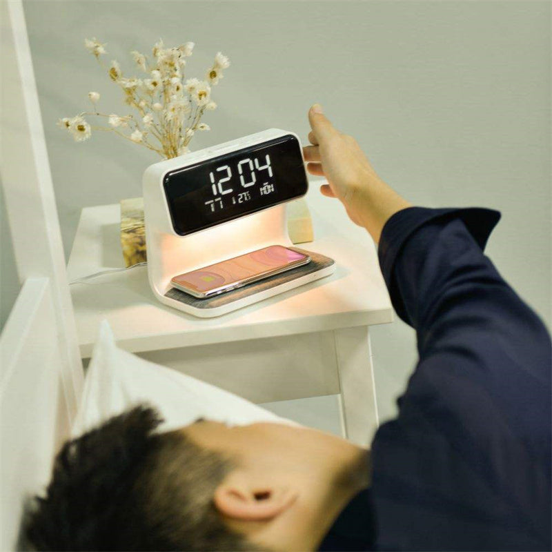 Lampe de Chevet Créative 3 en 1, Charge sans Fil, Écran LCD, Réveil, Chargeur de Téléphone sans Fil